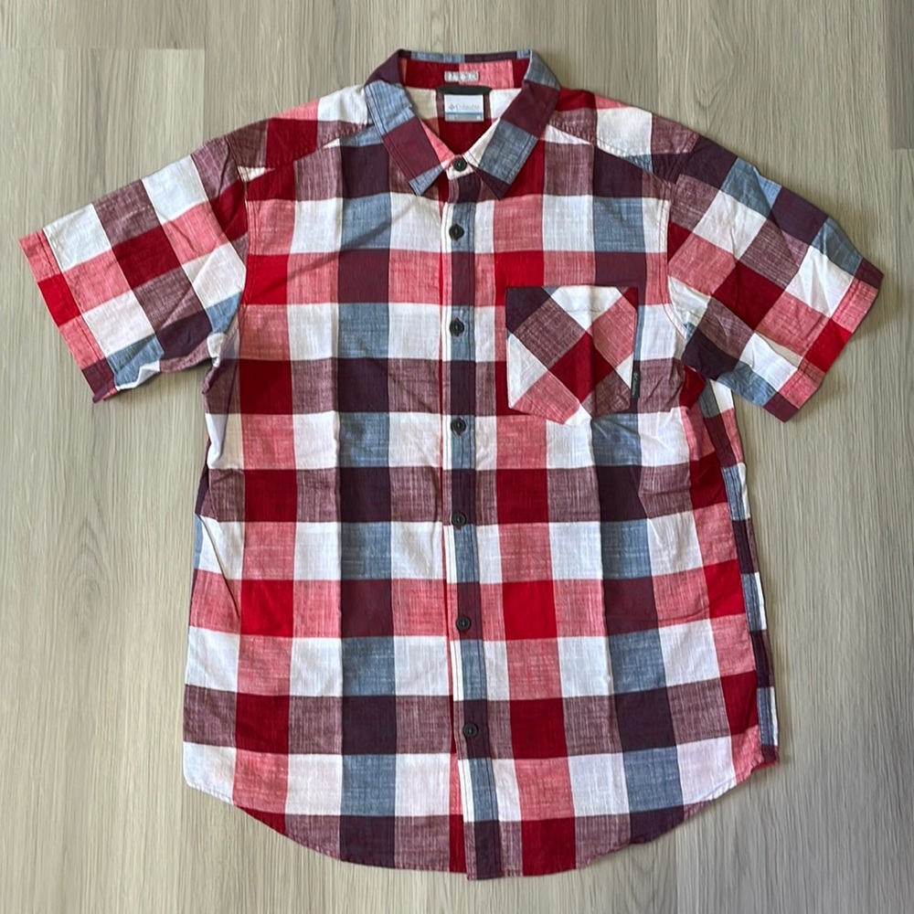 Columbia Short Sleeve Button Down Shirt in Red, Black, and White Check